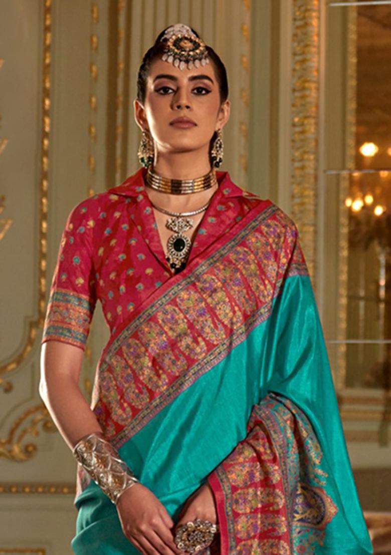 Sky Blue Printed Silk Saree Set - Indya