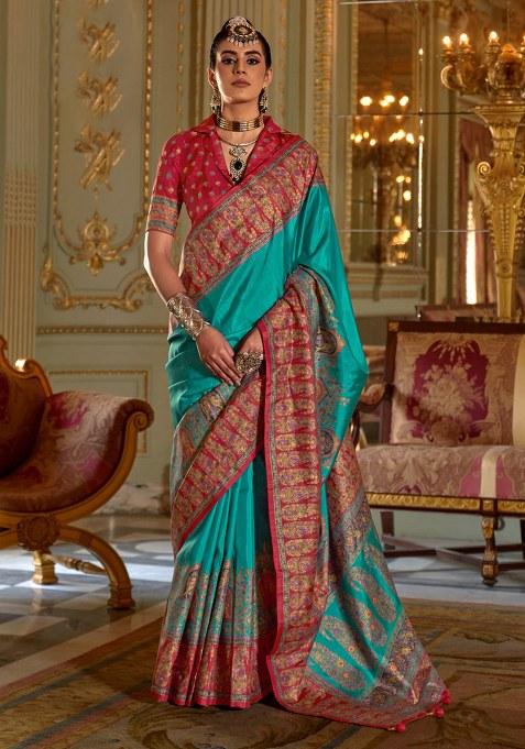 Sky Blue Printed Silk Saree Set