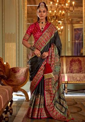 Black Printed Silk Saree Set