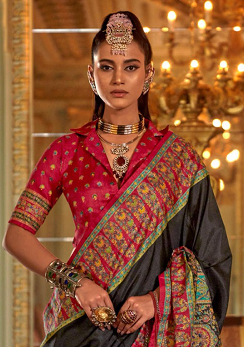 Black Printed Silk Saree Set - Indya