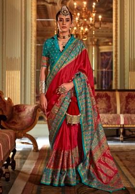 Red Printed Silk Saree Set