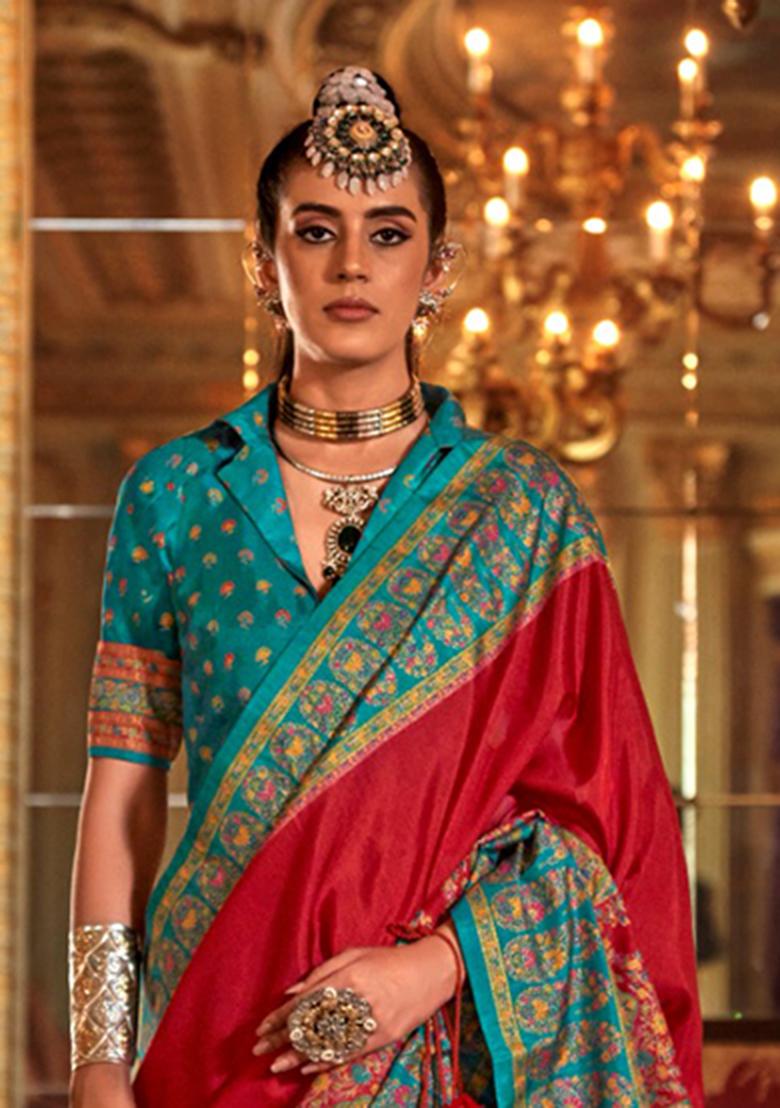 Red Printed Silk Saree Set - Indya