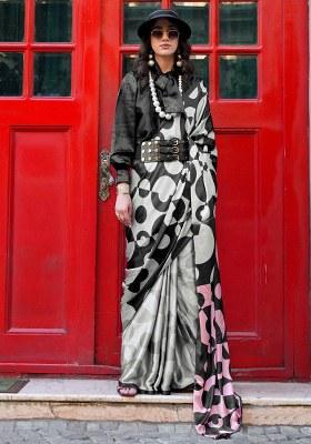 Grey Printed Satin Saree Set