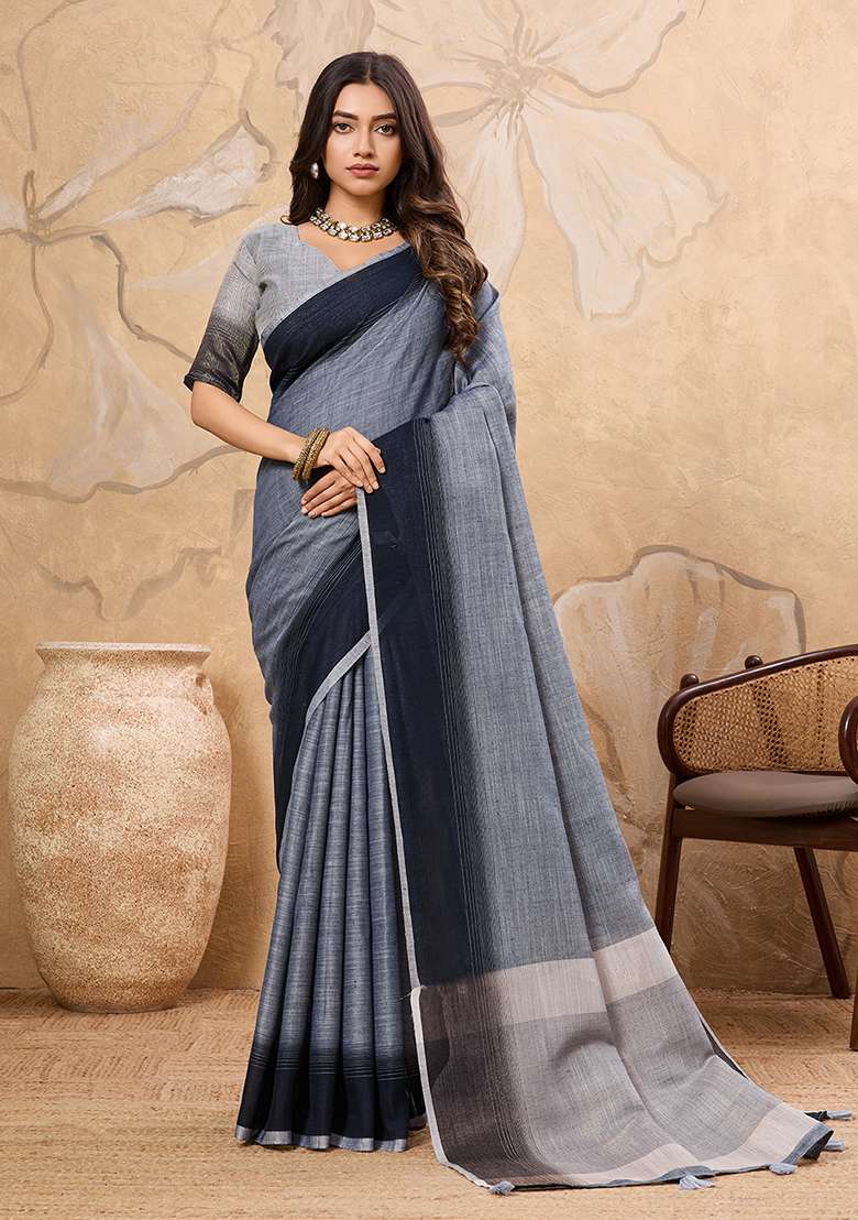 Black Embroidery Linen Saree Set - Indya
