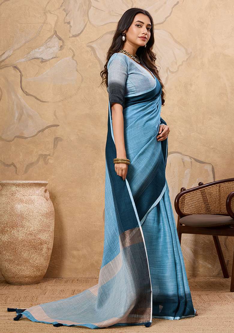 Blue Embroidery Linen Saree Set - Indya