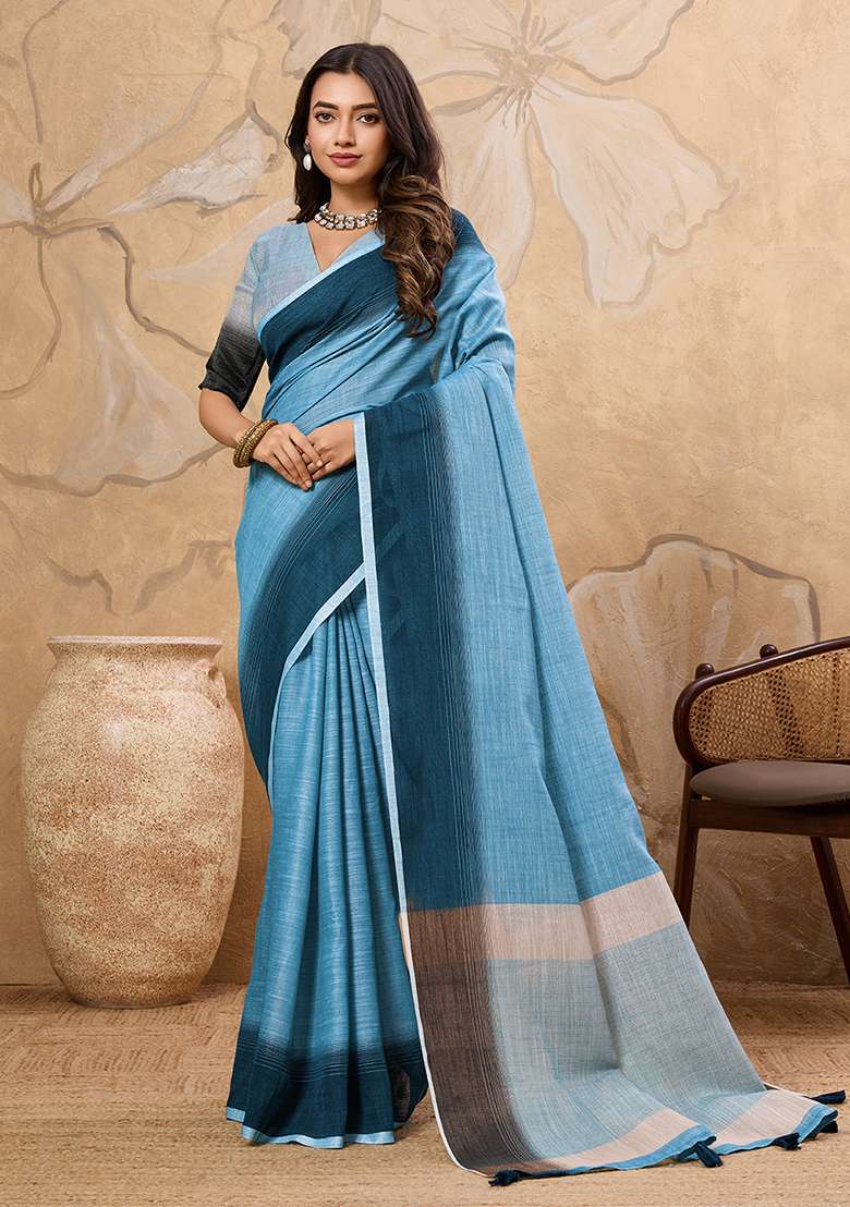 Blue Embroidery Linen Saree Set - Indya