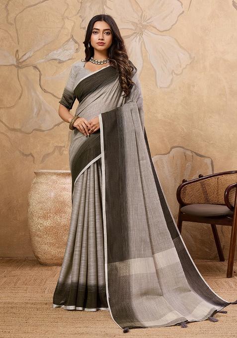 Grey Embroidery Linen Saree Set
