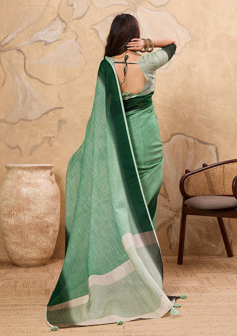 Green Embroidery Linen Saree Set - Indya