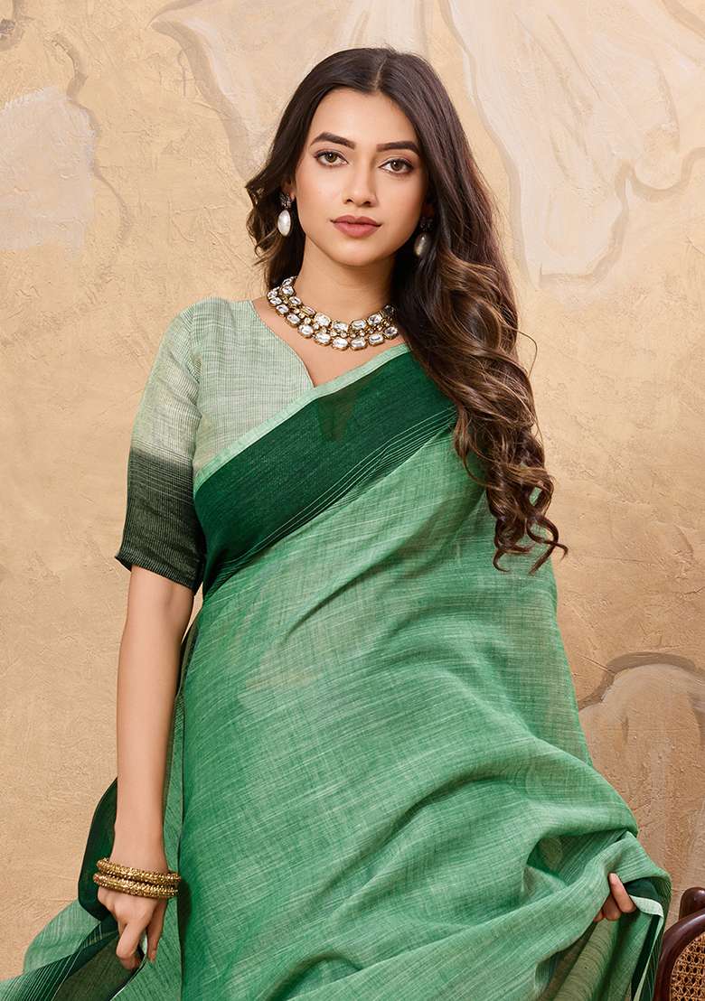 Green Embroidery Linen Saree Set - Indya