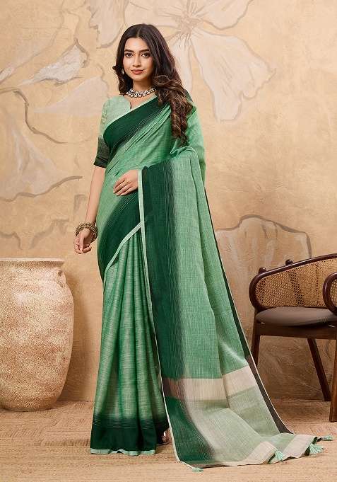 Green Embroidery Linen Saree Set