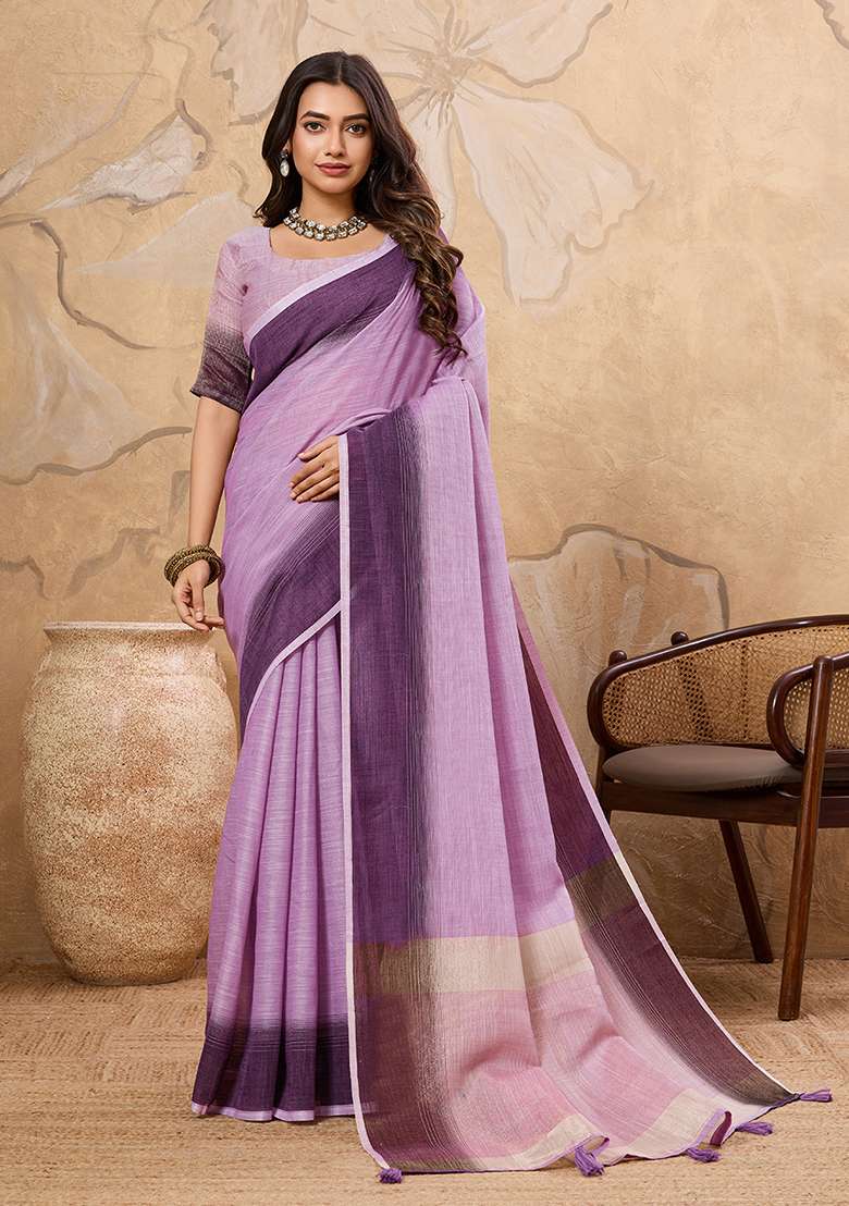 Lavender Embroidery Linen Saree Set - Indya