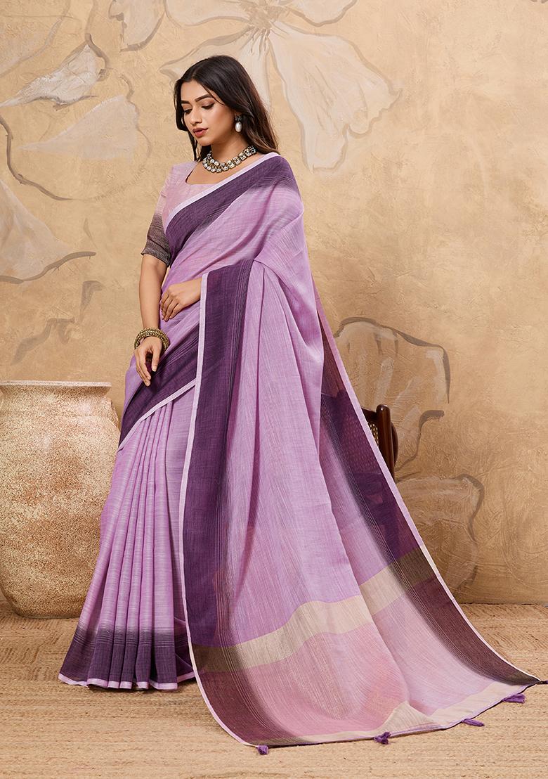 Lavender Embroidery Linen Saree Set - Indya