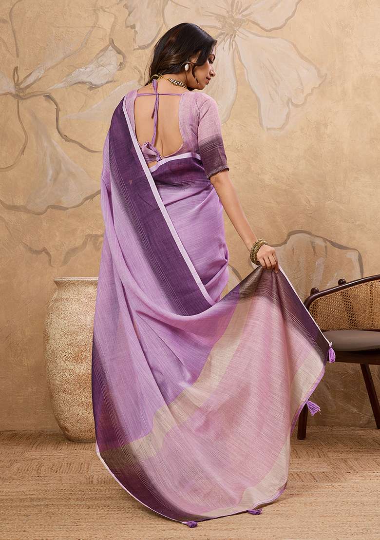 Lavender Embroidery Linen Saree Set - Indya