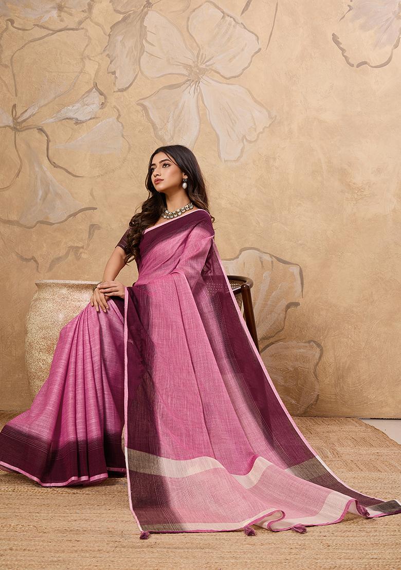 Pink Embroidery Linen Saree Set - Indya