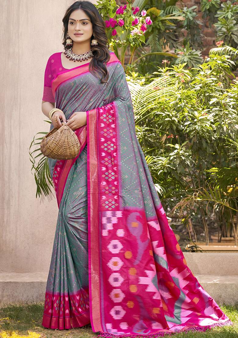 Grey Embroidery Silk Blend Saree Set for Diwali and Festive Wear - Indya