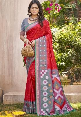 Red Embroidery Silk Saree Set