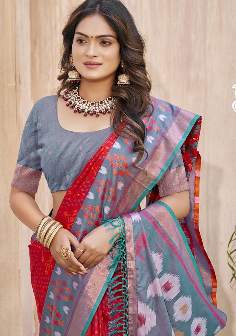 Red Embroidery Silk Saree Set - Indya