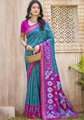 Teal Embroidery Silk Saree Set
