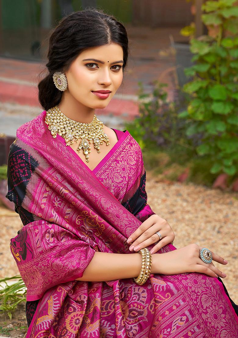 Black Embroidery Silk Saree Set - Indya