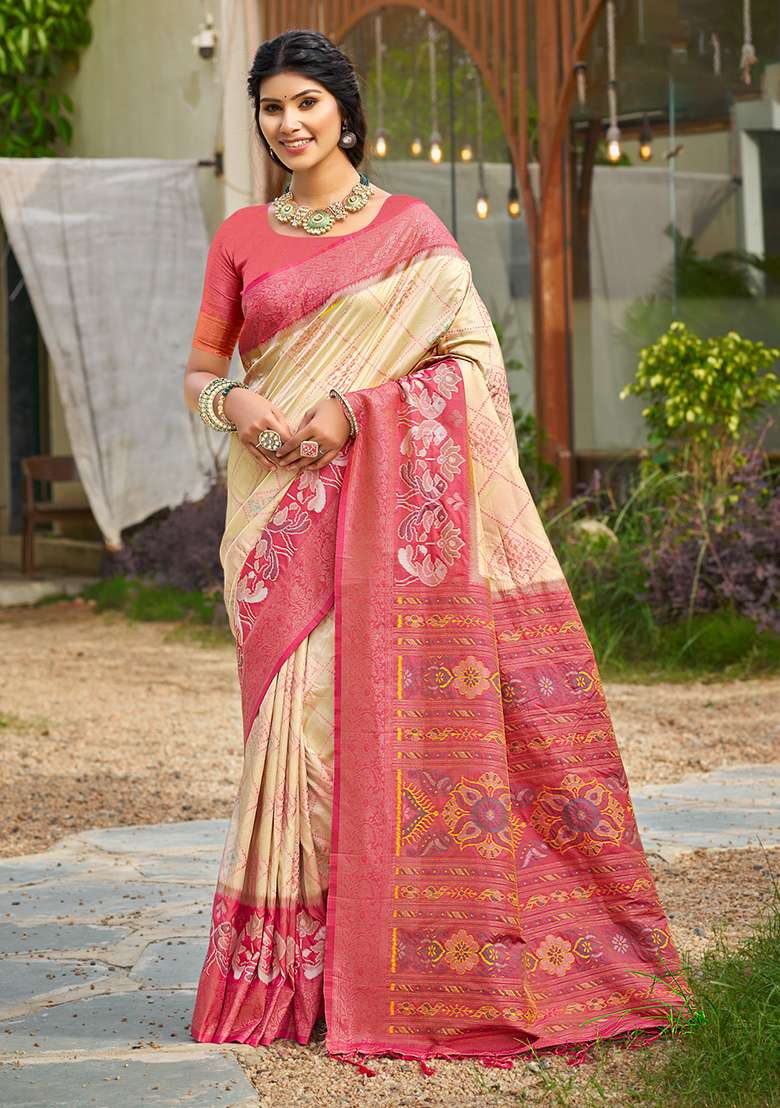 Cream Embroidery Silk Blend Saree Set for Diwali and Festive Wear - Indya