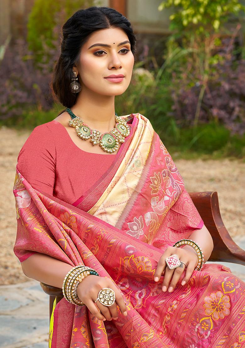 Cream Embroidery Silk Saree Set - Indya