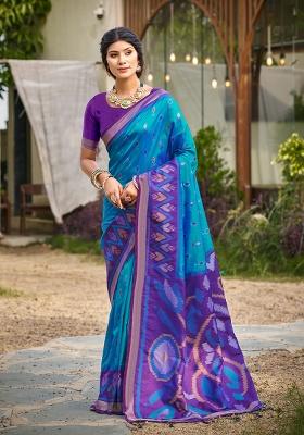 Aqua Blue Embroidery Silk Saree Set