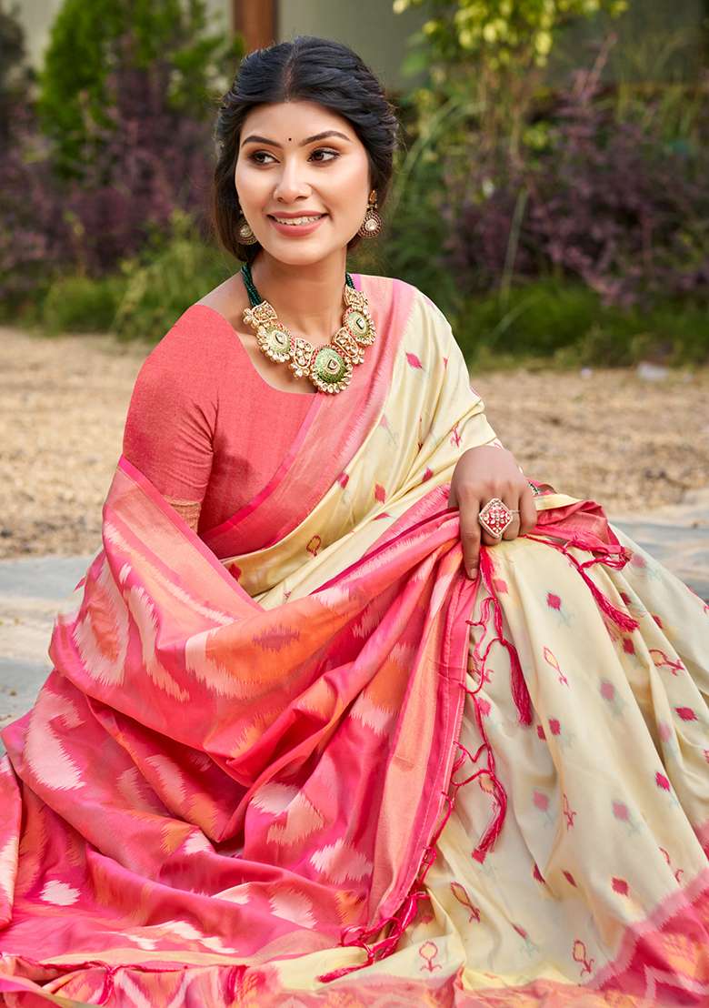 Cream Embroidery Silk Blend Saree Set for Diwali and Festive Wear - Indya