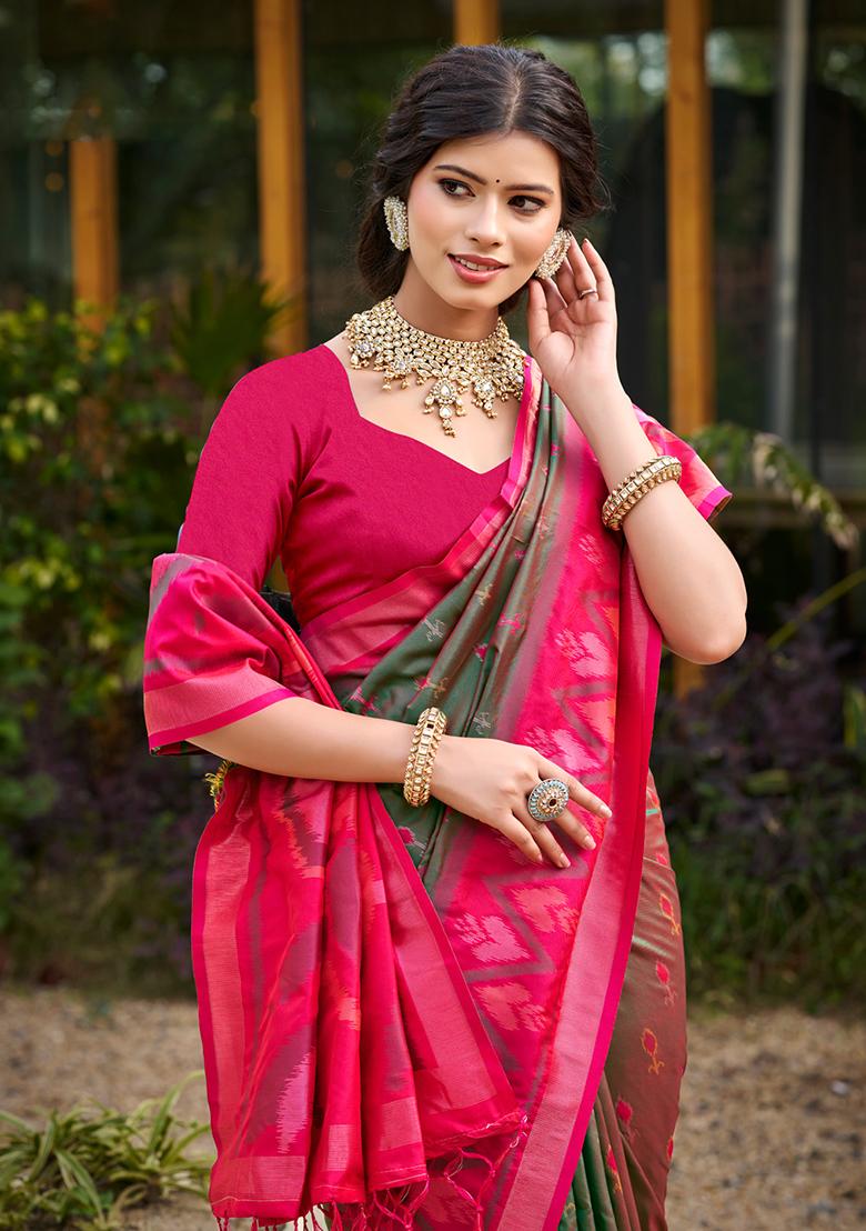 Green Embroidery Silk Saree Set - Indya