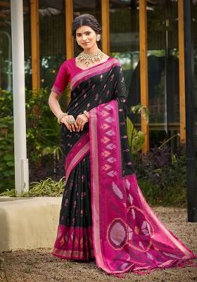 Black Embroidery Silk Saree Set