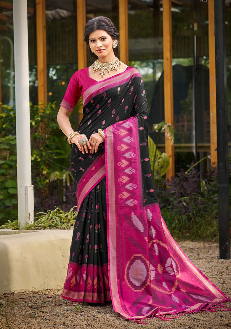 Black Silk Blend Saree Set with Embroidery for Diwali | Wedding & Festive Wear - Indya
