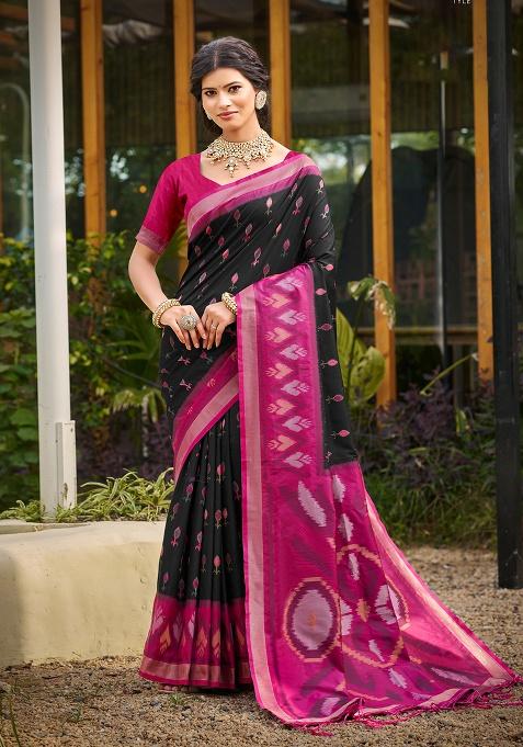 Black Embroidery Silk Saree Set