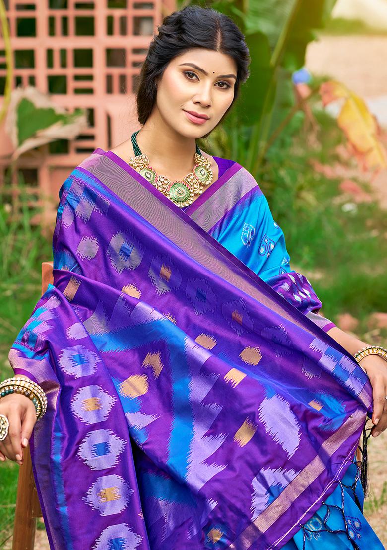 Aqua Blue Embroidery Silk Saree Set - Indya