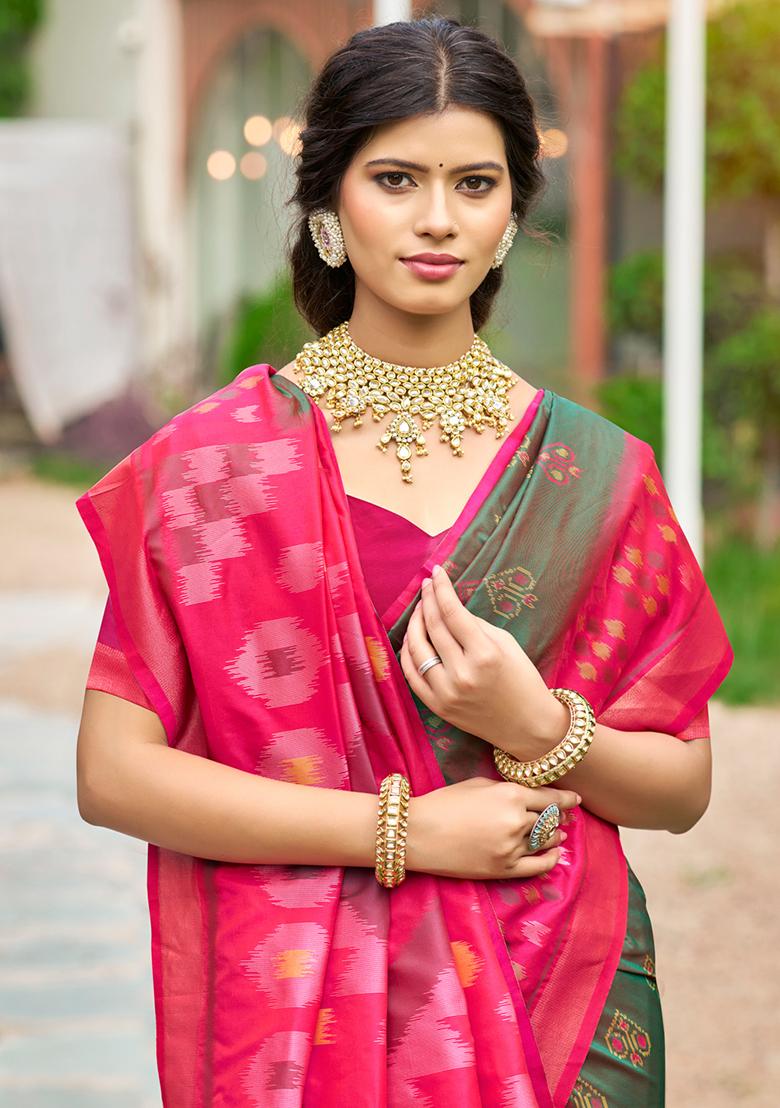 Green Embroidery Silk Saree Set - Indya