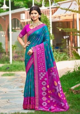 Blue Embroidery Silk Saree Set