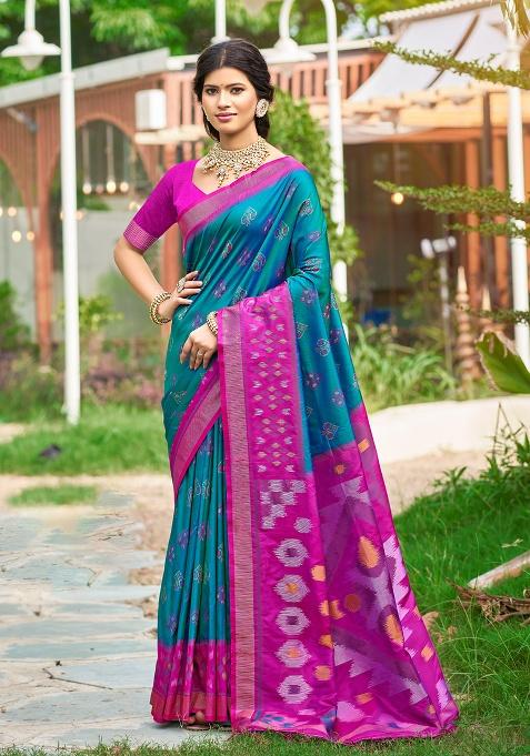 Blue Embroidery Silk Saree Set