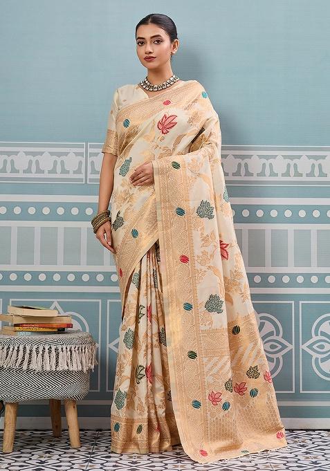 Cream Embroidery Silk Saree Set