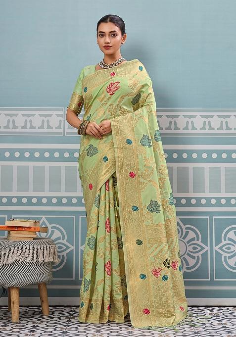Green Embroidery Silk Saree Set