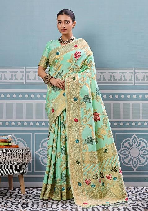 Turquoise Embroidery Silk Saree Set