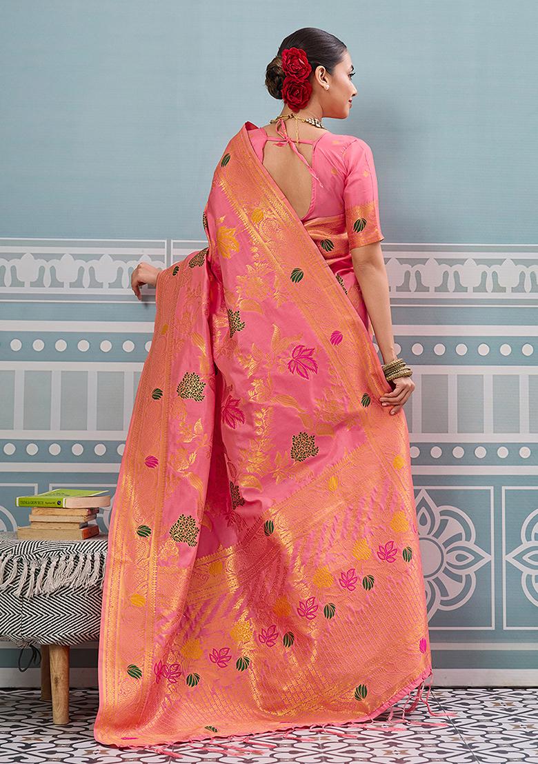 Peach Embroidery Silk Saree Set - Indya