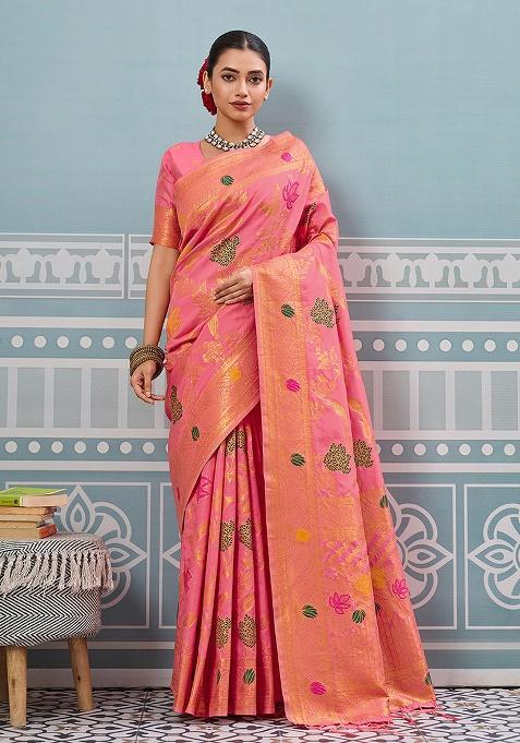 Peach Embroidery Silk Saree Set