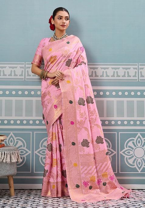 Pink Embroidery Silk Saree Set