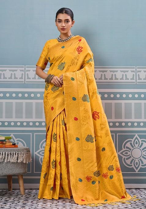Yellow Embroidery Silk Saree Set