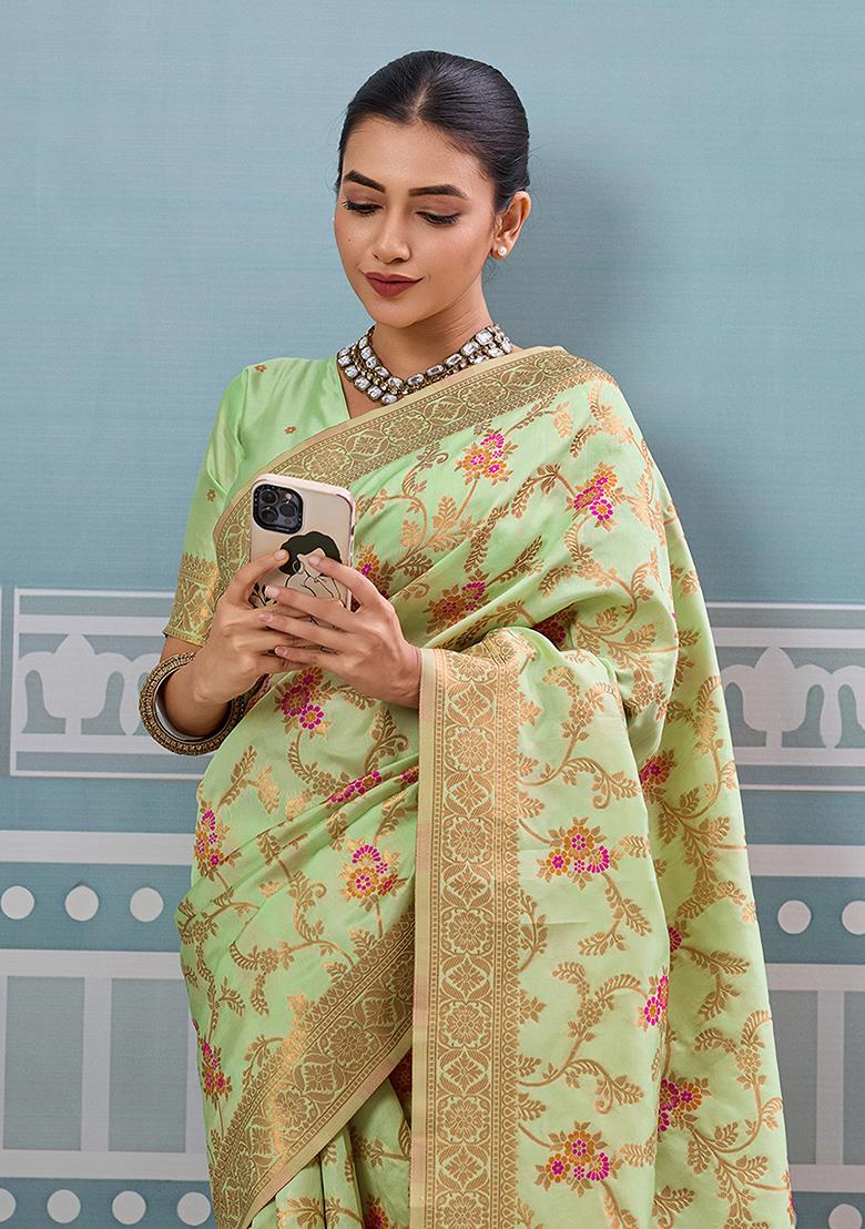 Green Embroidery Silk Saree Set - Indya