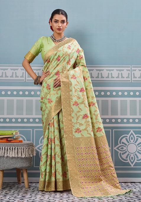 Green Embroidery Silk Saree Set