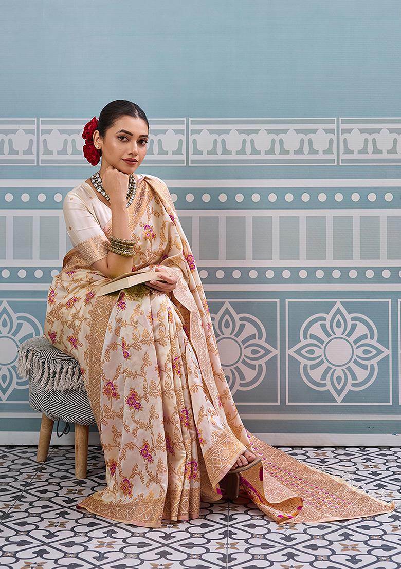 White Embroidery Silk Saree Set - Indya