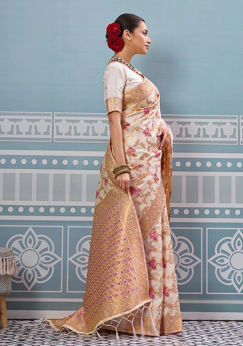 White Embroidery Silk Saree Set - Indya