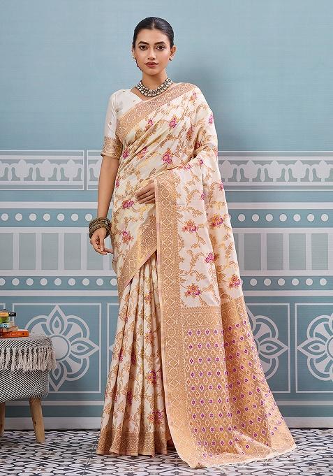 White Embroidery Silk Saree Set