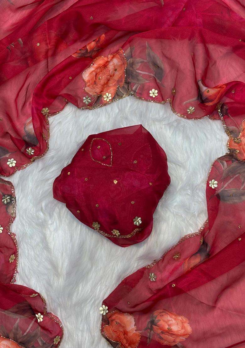 Red Printed Silk Saree Set - Indya