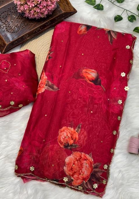 Red Printed Silk Saree Set