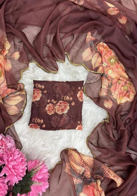 Brown Printed Silk Saree Set